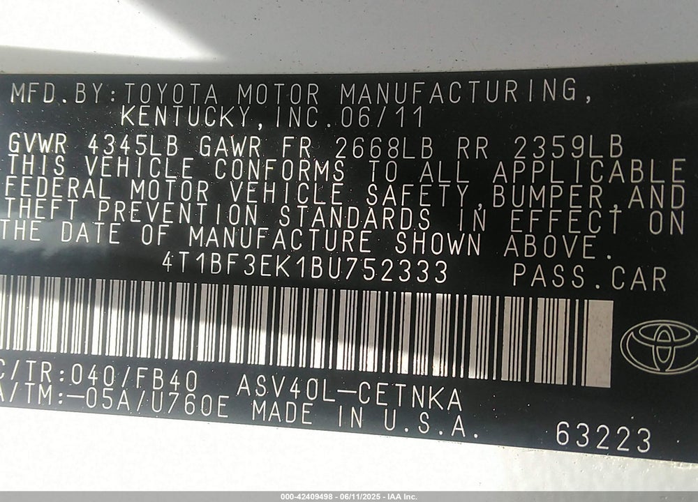 2011 TOYOTA CAMRY VIN: 4T1BF3EK1BU752333