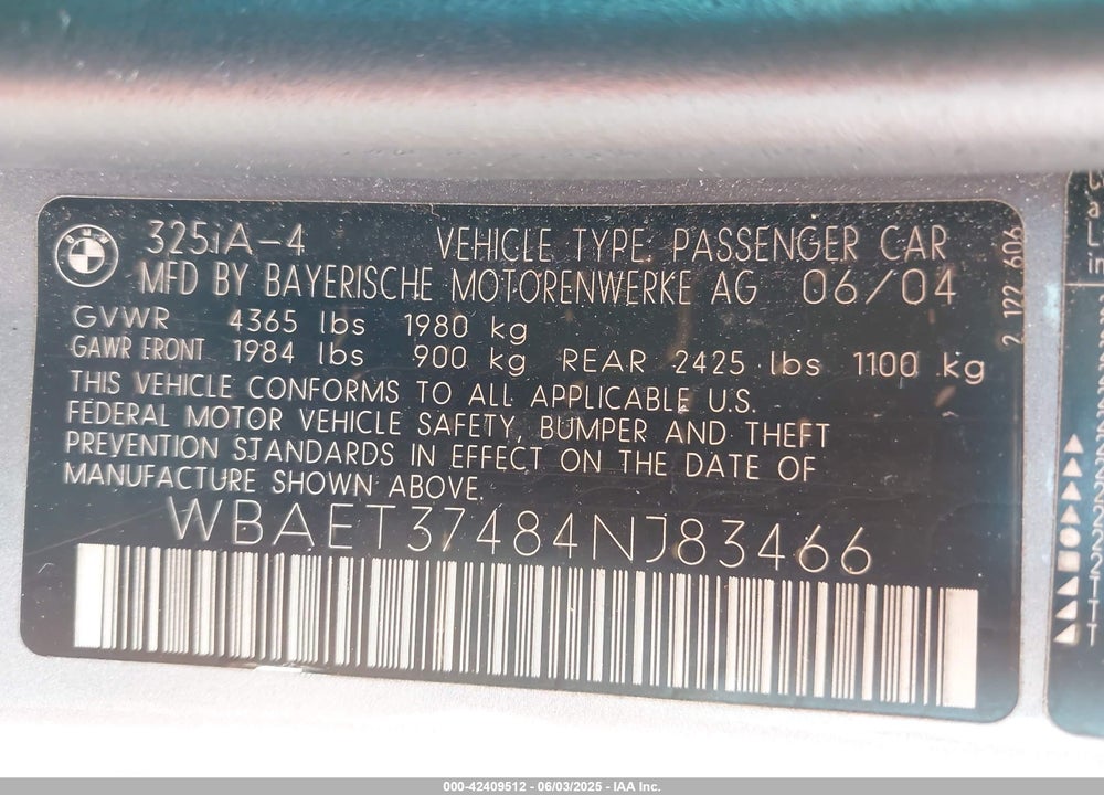 2004 BMW 325I VIN: WBAET37484NJ83466
