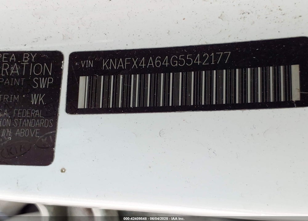 2016 KIA FORTE VIN: KNAFX4A64G5542177