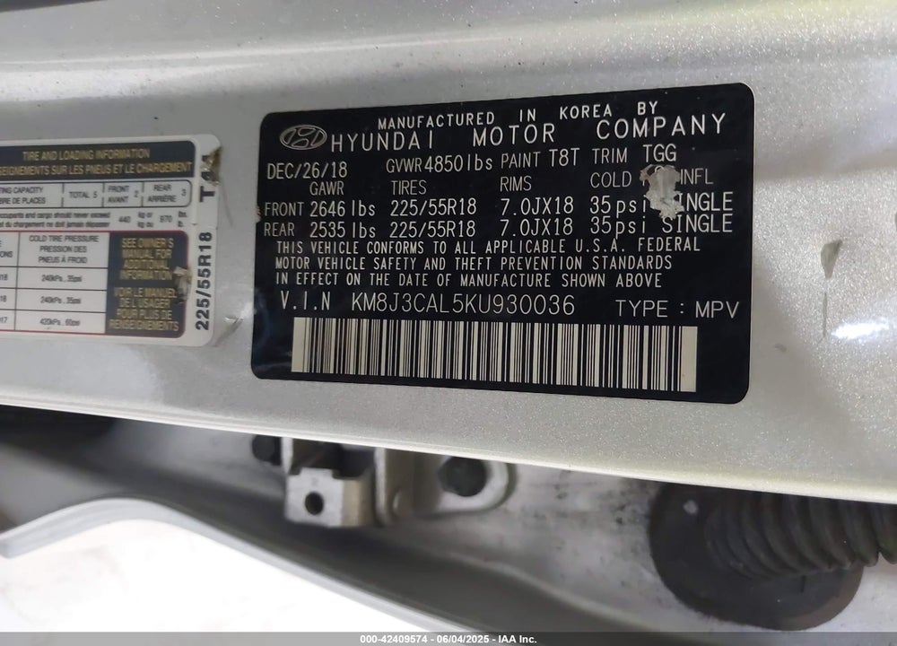 2019 HYUNDAI TUCSON SEL VIN: KM8J3CAL5KU930036