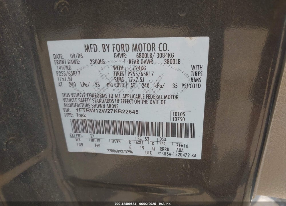 2007 FORD F-150 XLT VIN: 1FTRW12W27KB22645