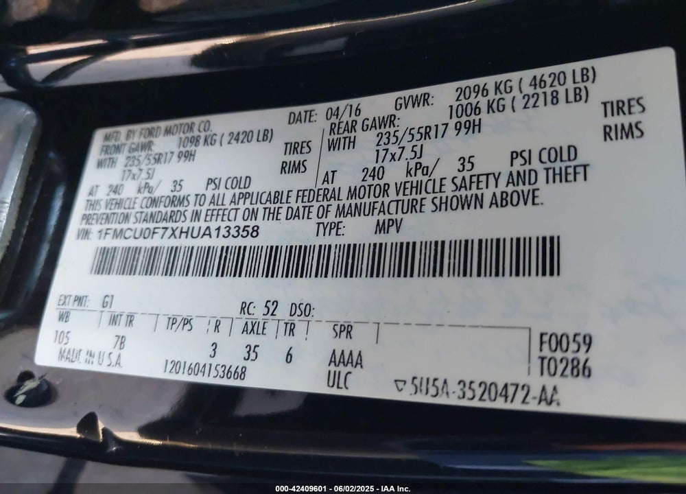 2017 FORD ESCAPE S VIN: 1FMCU0F7XHUA13358