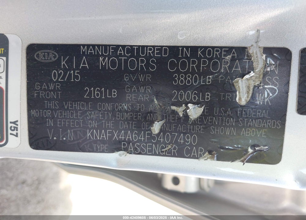 2015 KIA FORTE VIN: KNAFX4A64F5407490