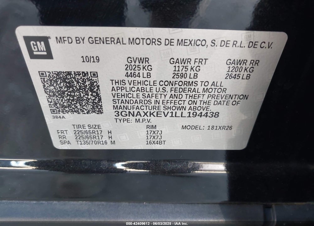 2020 CHEVROLET EQUINOX FWD LT 1.5L TURBO VIN: 3GNAXKEV1LL194438