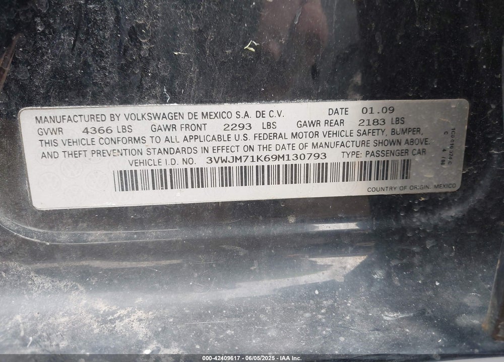 2009 VOLKSWAGEN JETTA S VIN: 3VWJM71K69M130793