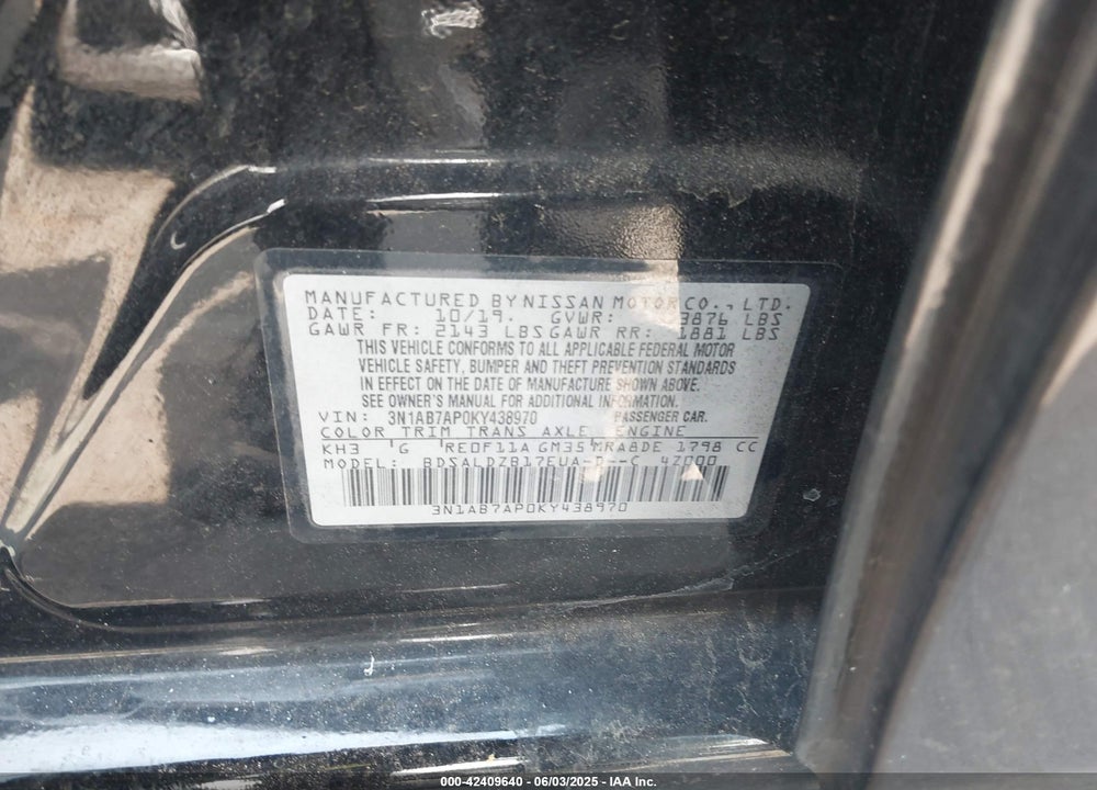 2019 NISSAN SENTRA VIN: 3N1AB7AP0KY438970