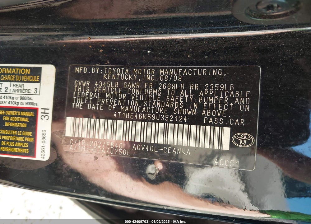 2009 TOYOTA CAMRY VIN: 4T1BE46K69U352124