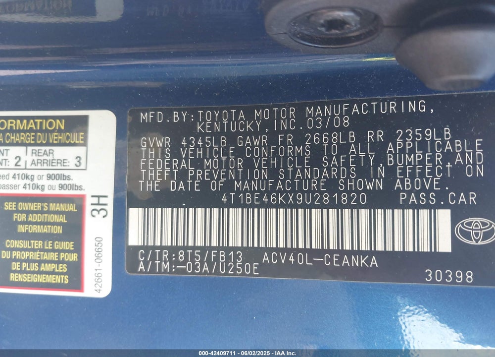 2009 TOYOTA CAMRY LE VIN: 4T1BE46KX9U281820