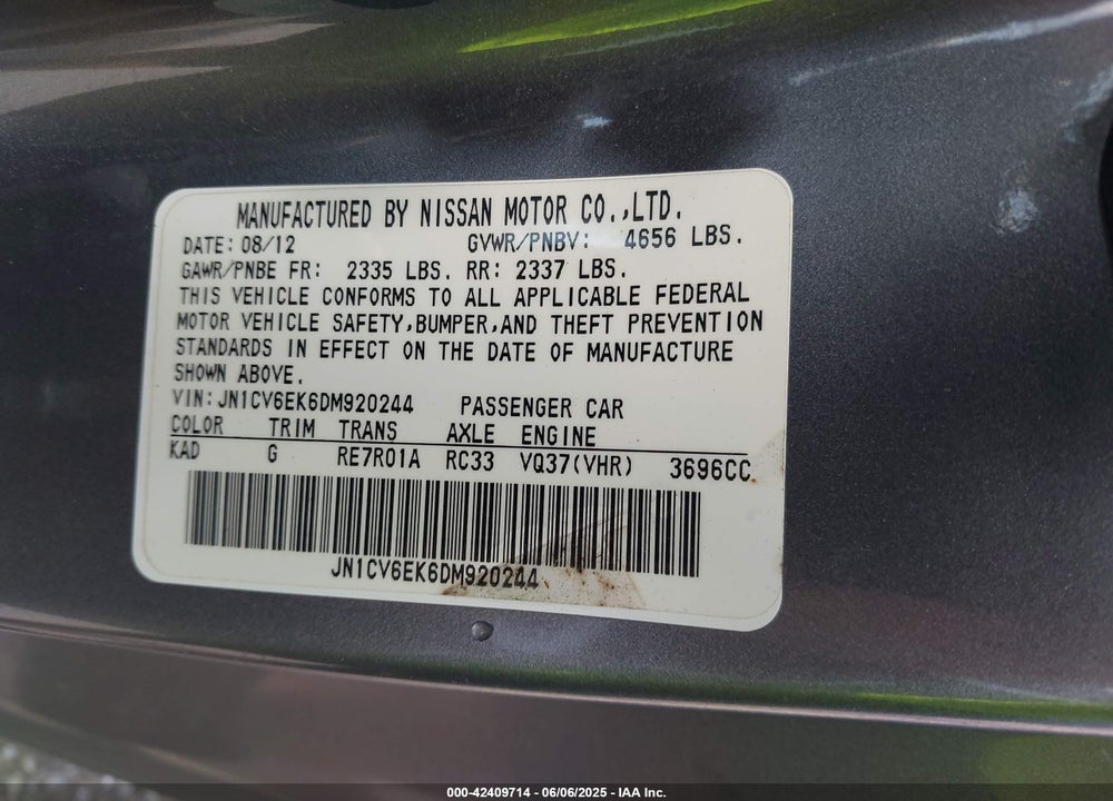 2013 INFINITI IPL G VIN: JN1CV6EK6DM920244