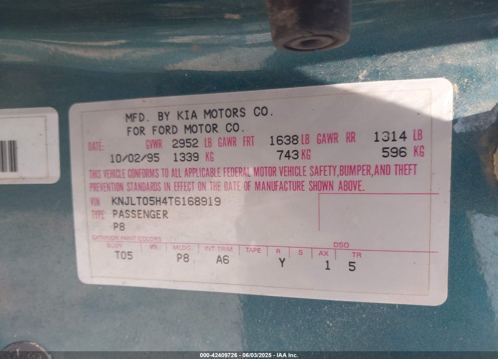 1996 FORD ASPIRE VIN: KNJLT05H4T6168919