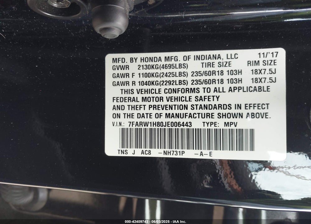 2018 HONDA CR-V EX-L/EX-L NAVI VIN: 7FARW1H80JE006443