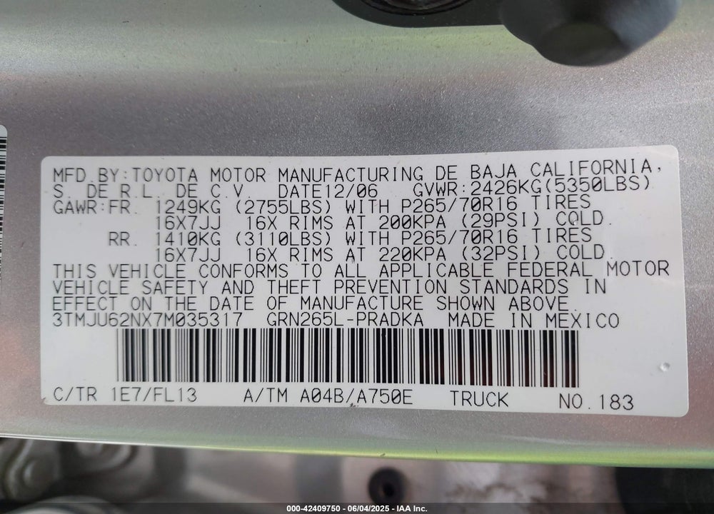 2007 TOYOTA TACOMA PRERUNNER V6 VIN: 3TMJU62NX7M035317