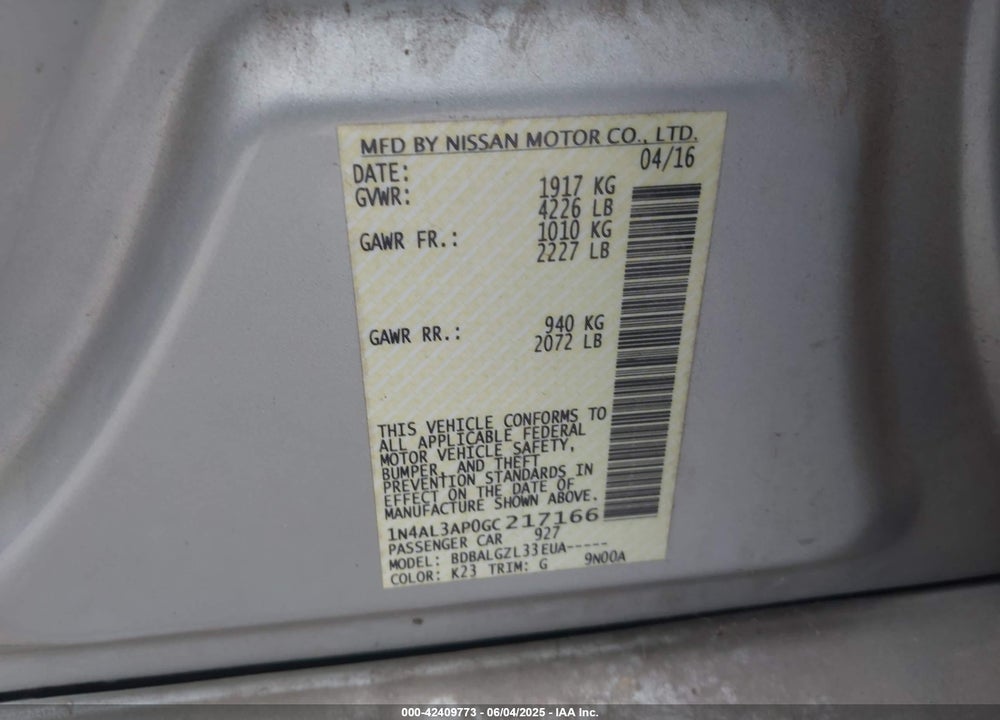 2016 NISSAN ALTIMA VIN: 1N4AL3AP0GC217166