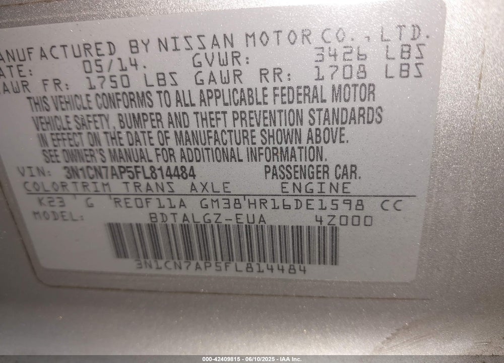 2015 NISSAN VERSA VIN: 3N1CN7AP5FL814484