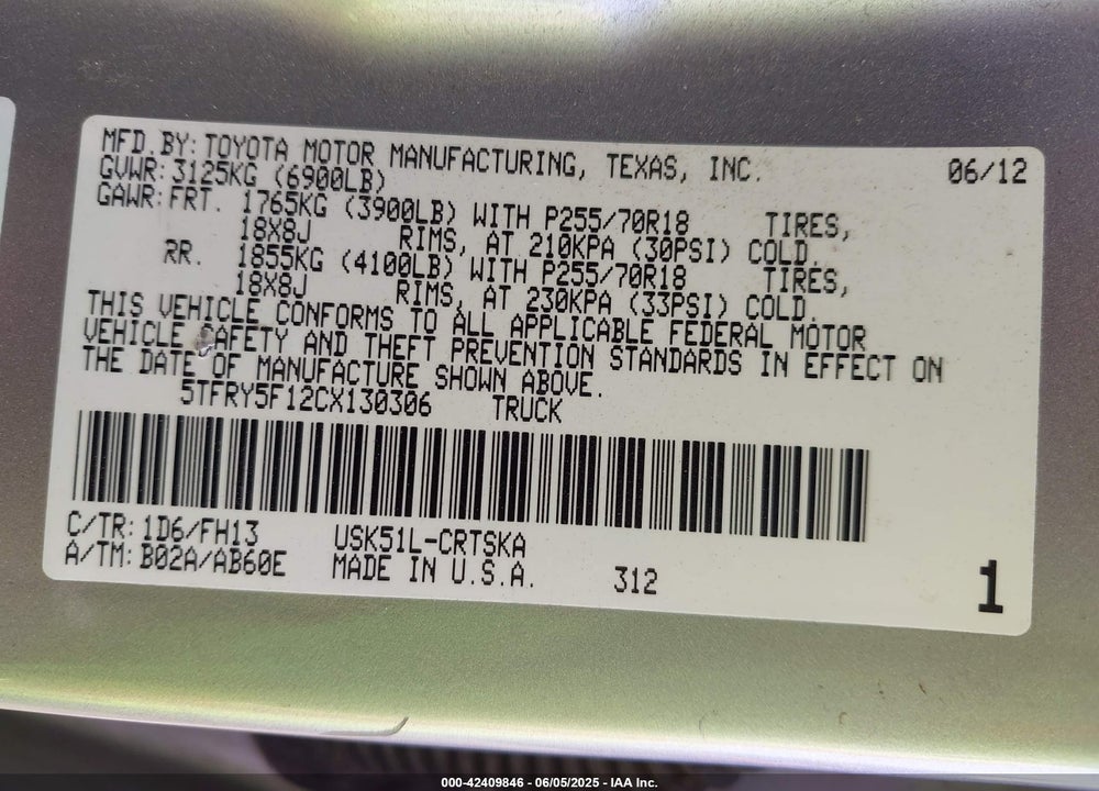 2012 TOYOTA TUNDRA VIN: 5TFRY5F12CX130306