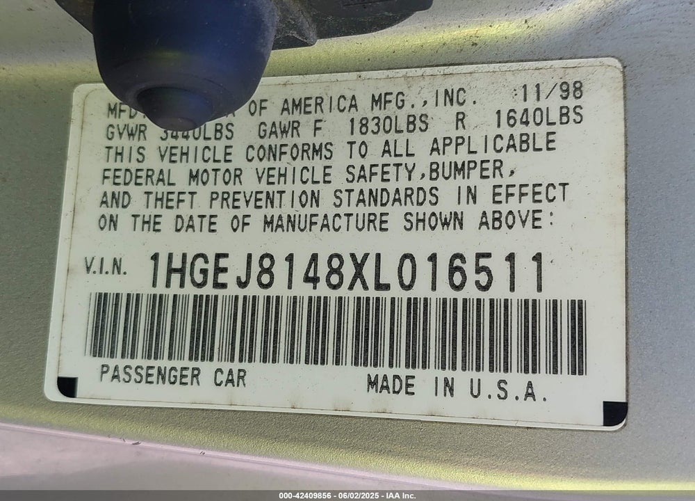1999 HONDA CIVIC EX VIN: 1HGEJ8148XL016511