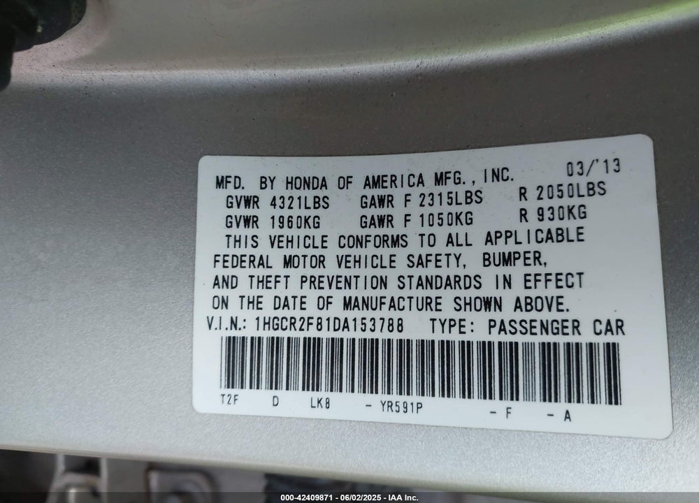2013 HONDA ACCORD VIN: 1HGCR2F81DA153788