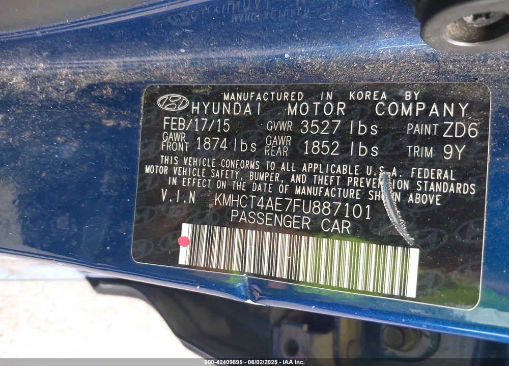 2015 HYUNDAI ACCENT VIN: KMHCT4AE7FU887101