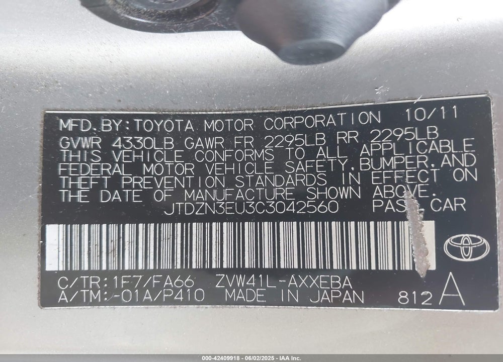 2012 TOYOTA PRIUS V THREE VIN: JTDZN3EU3C3042560