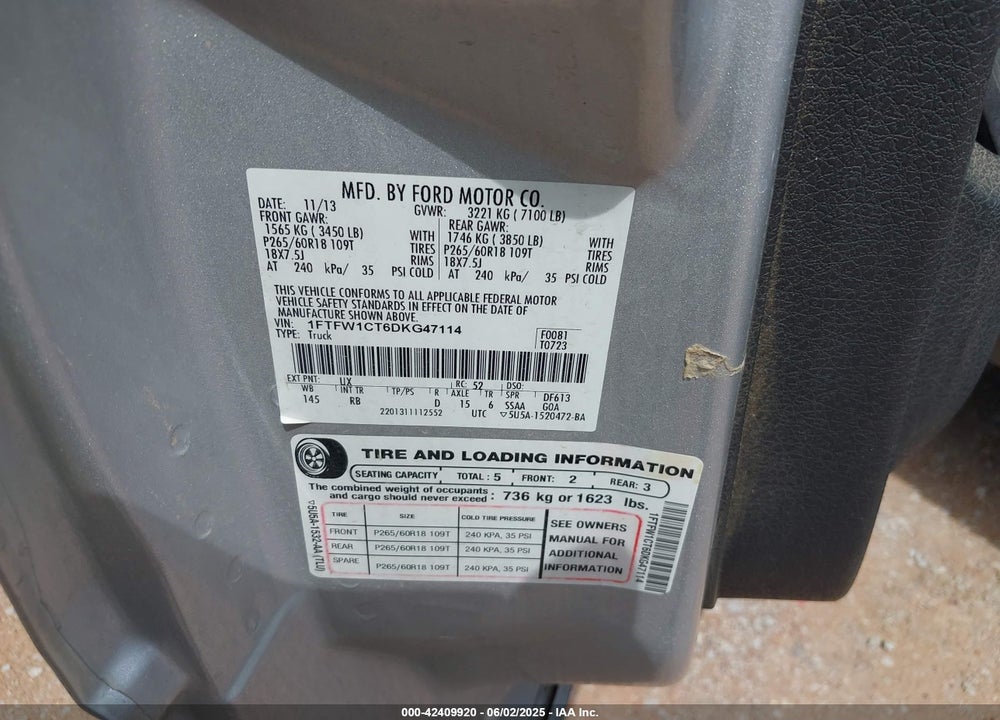 2013 FORD F-150 FX2 VIN: 1FTFW1CT6DKG47114