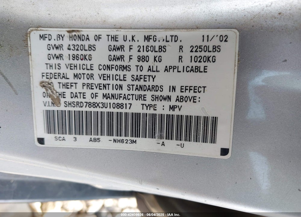 2003 HONDA CR-V EX VIN: SHSRD788X3U108817