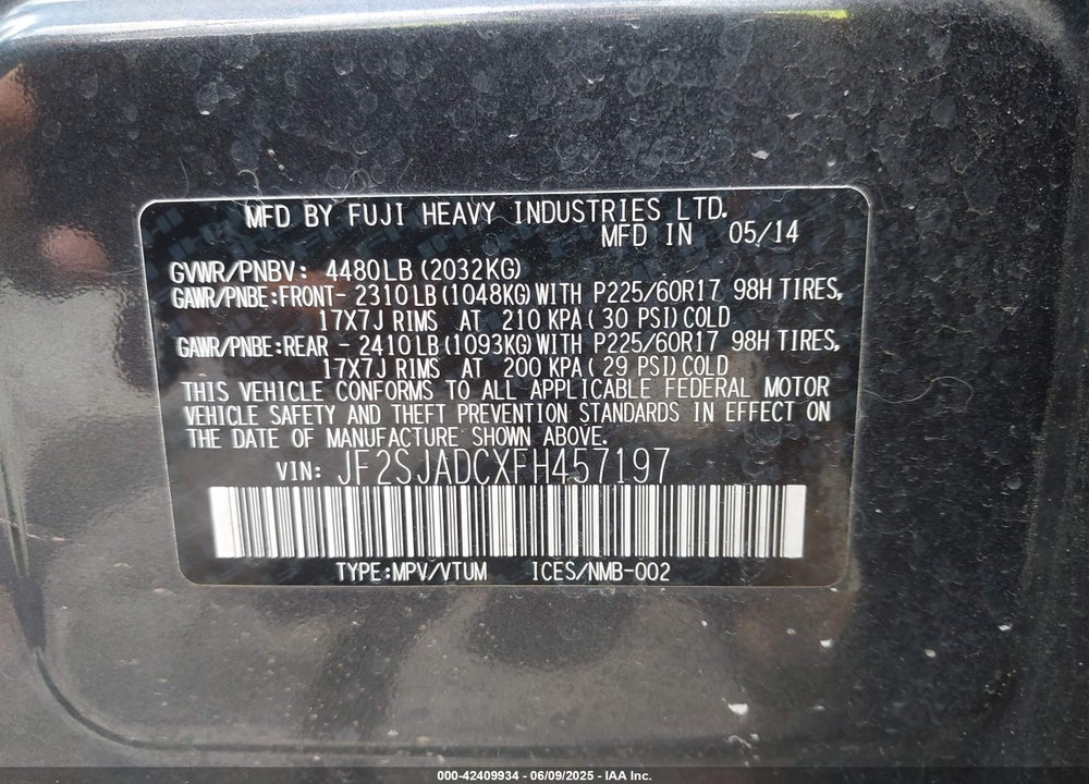 2015 SUBARU FORESTER VIN: JF2SJADCXFH457197