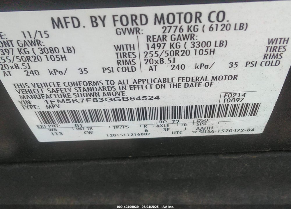 2016 FORD EXPLORER LIMITED VIN: 1FM5K7F83GGB64524