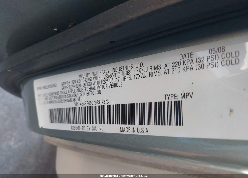 2009 SUBARU OUTBACK VIN: 4S4BP66C797312373