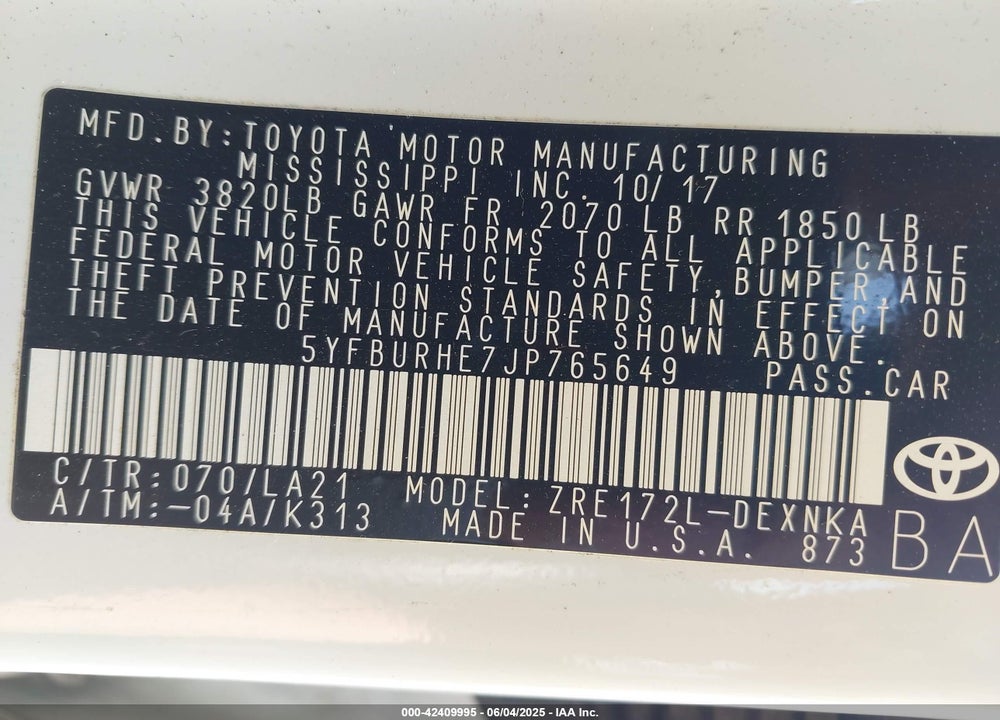 2018 TOYOTA COROLLA VIN: 5YFBURHE7JP765649