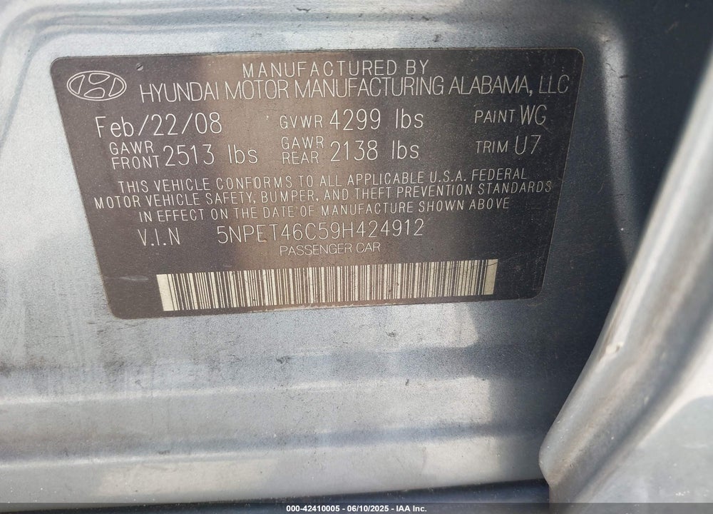 2009 HYUNDAI SONATA GLS VIN: 5NPET46C59H424912