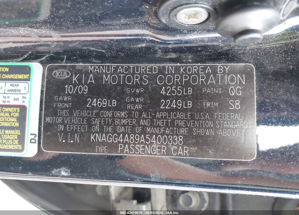 2010 KIA OPTIMA VIN: KNAGG4A89A5400338