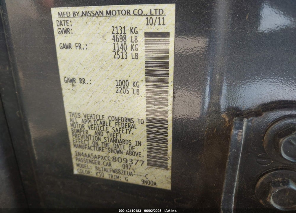 2012 NISSAN MAXIMA 3.5 SV VIN: 1N4AA5APXCC809377