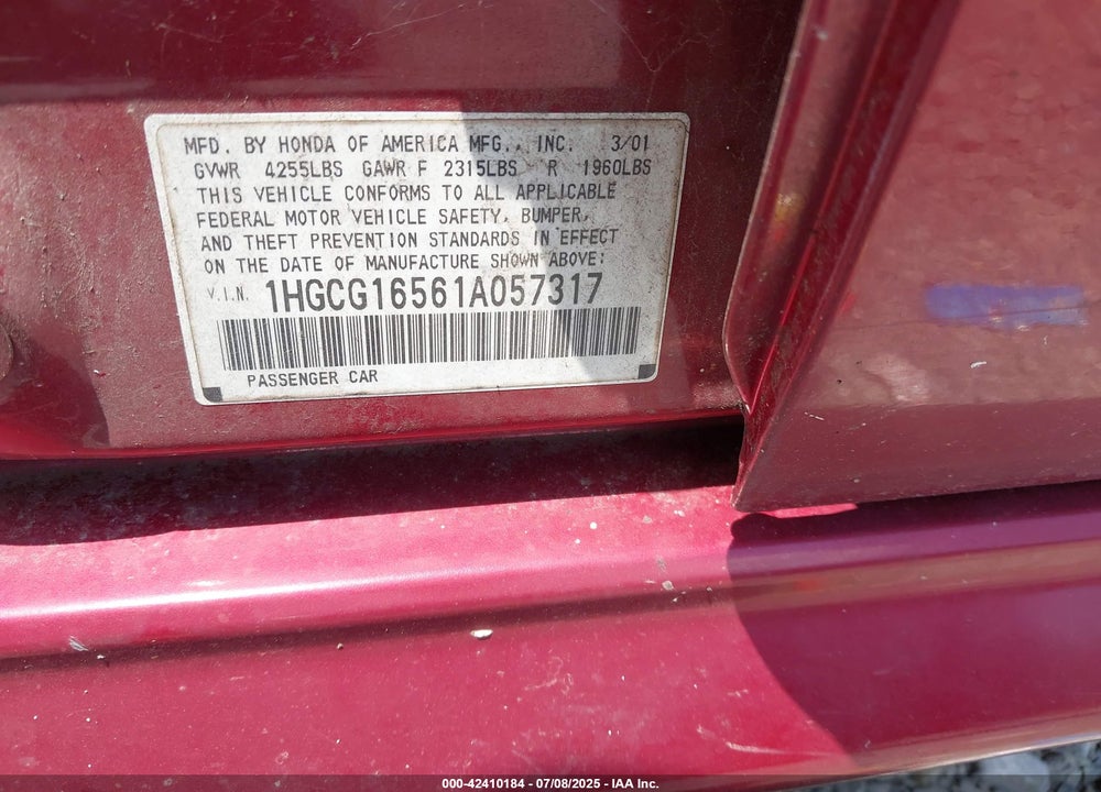 2001 HONDA ACCORD 3.0 EX VIN: 1HGCG16561A057317
