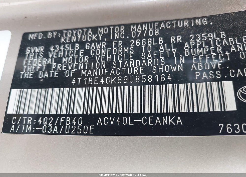2009 TOYOTA CAMRY LE VIN: 4T1BE46K69U858164