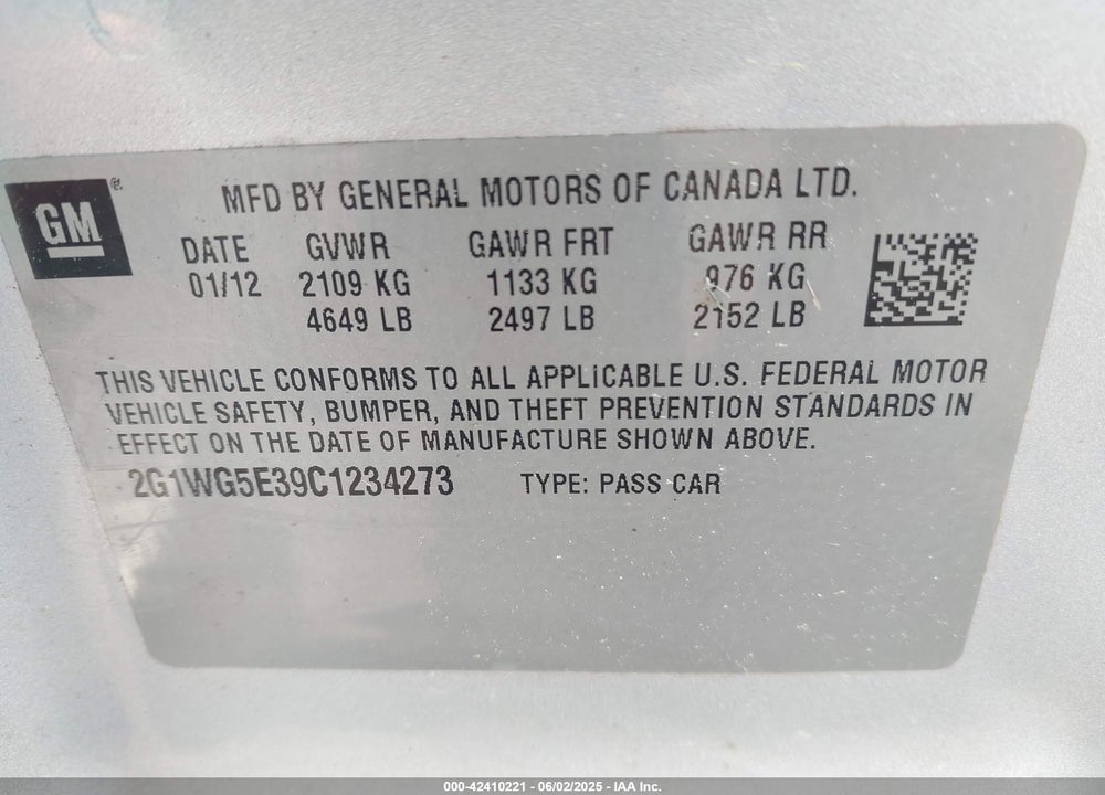 2012 CHEVROLET IMPALA VIN: 2G1WG5E39C1234273