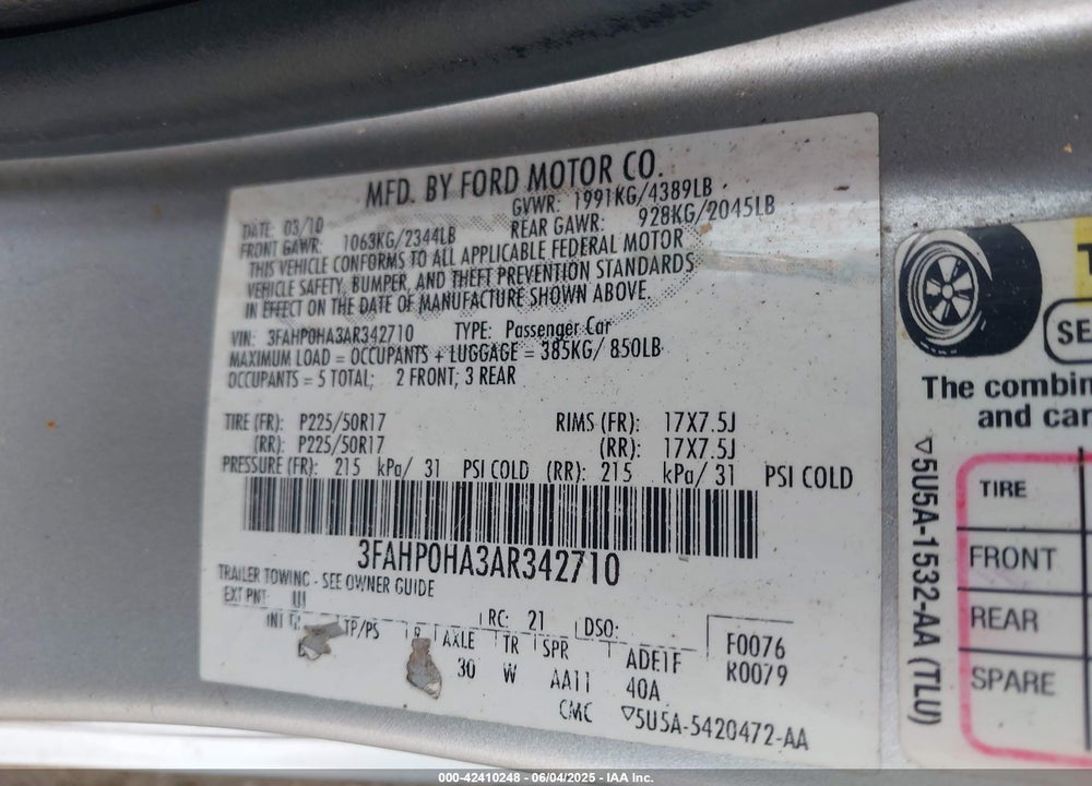 2010 FORD FUSION SE VIN: 3FAHP0HA3AR342710