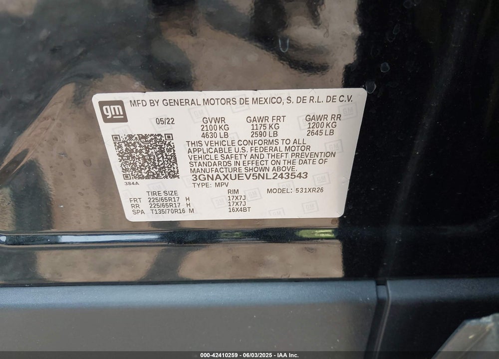 2022 CHEVROLET EQUINOX VIN: 3GNAXUEV5NL243543