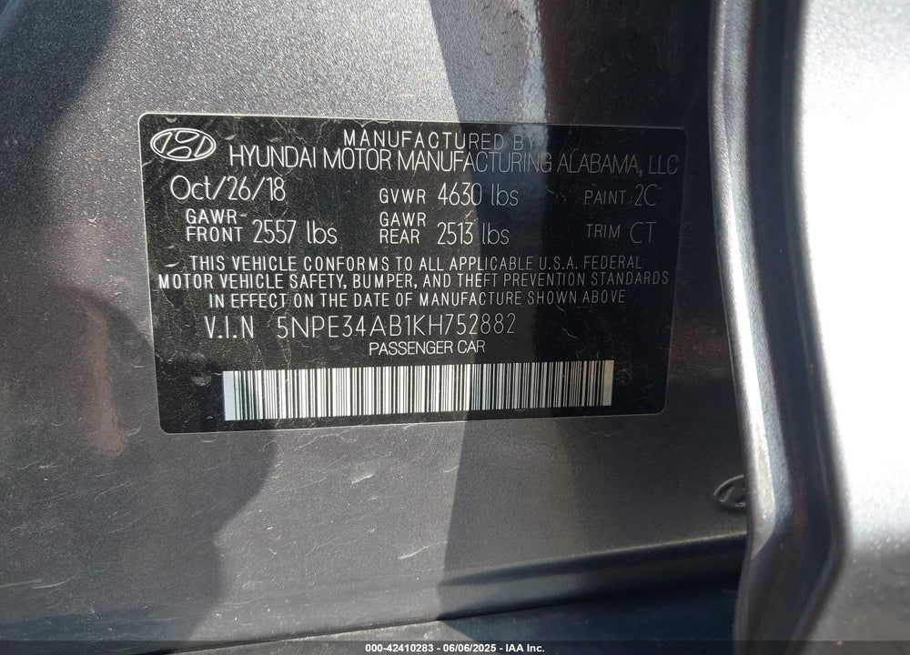 2019 HYUNDAI SONATA VIN: 5NPE34AB1KH752882