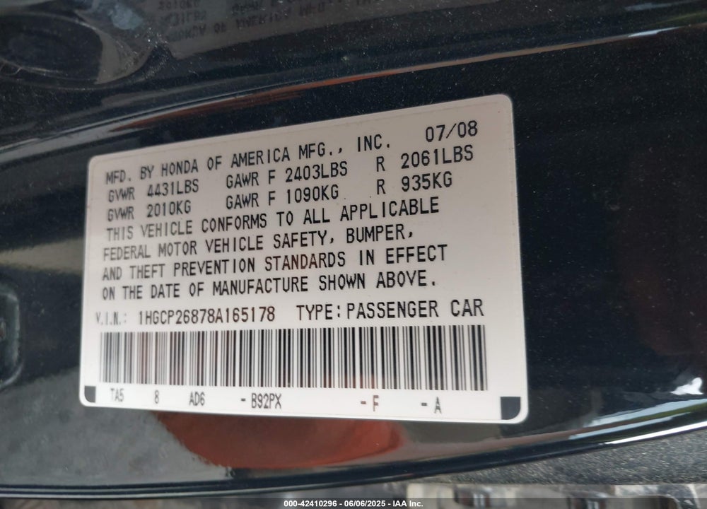 2008 HONDA ACCORD 2.4 EX-L VIN: 1HGCP26878A165178