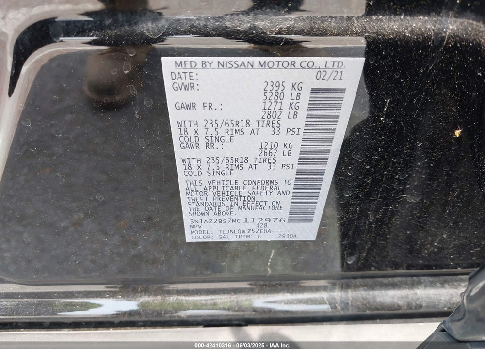 2021 NISSAN MURANO VIN: 5N1AZ2BS7MC112976