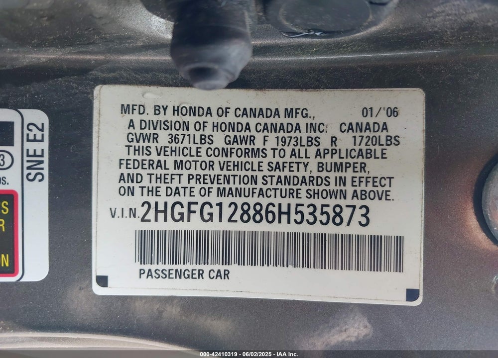 2006 HONDA CIVIC VIN: 2HGFG12886H535873