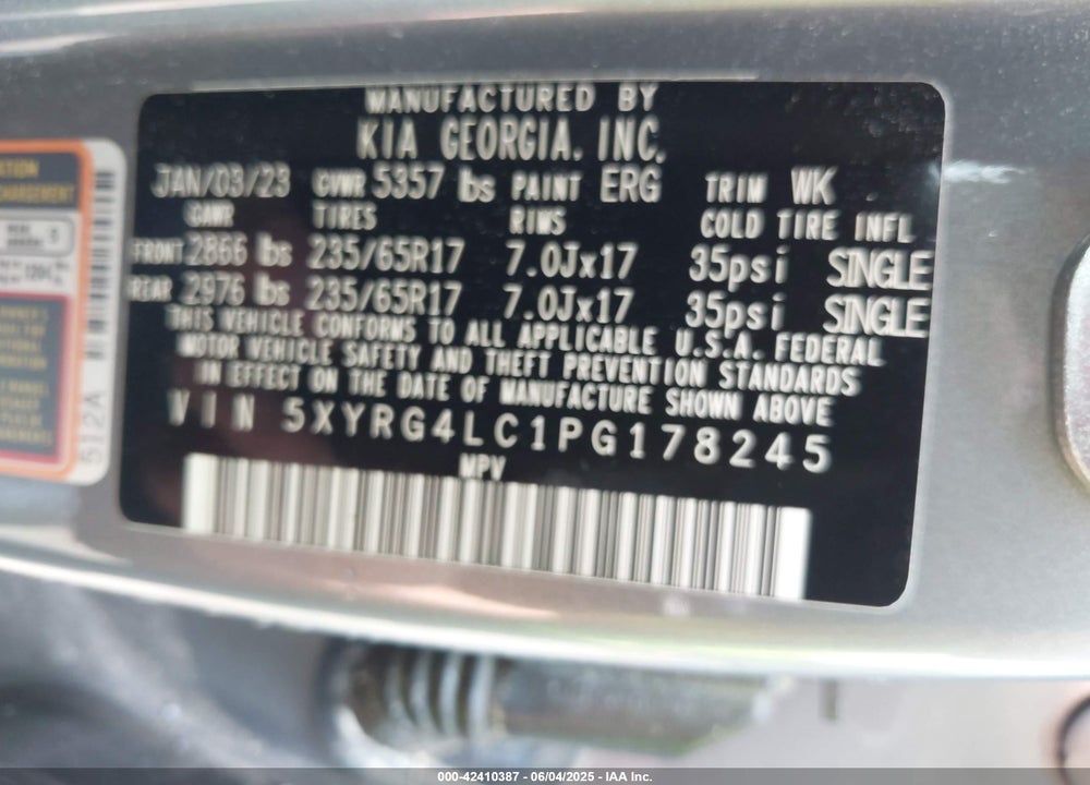 2023 KIA SORENTO VIN: 5XYRG4LC1PG178245