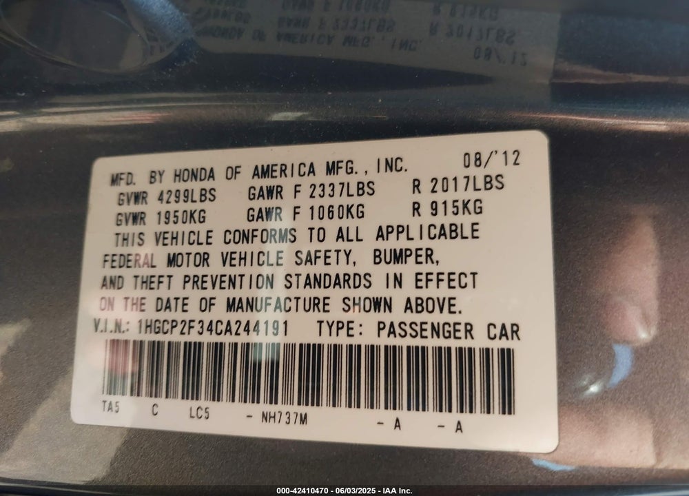 2012 HONDA ACCORD VIN: 1HGCP2F34CA244191