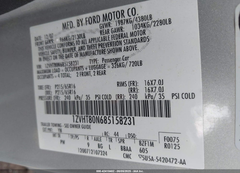 2008 FORD MUSTANG VIN: 1ZVHT80N685158231