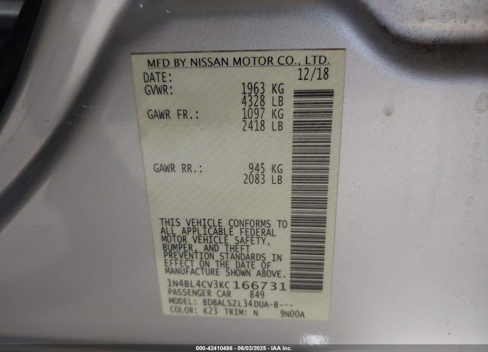 2019 NISSAN ALTIMA VIN: 1N4BL4CV3KC166731