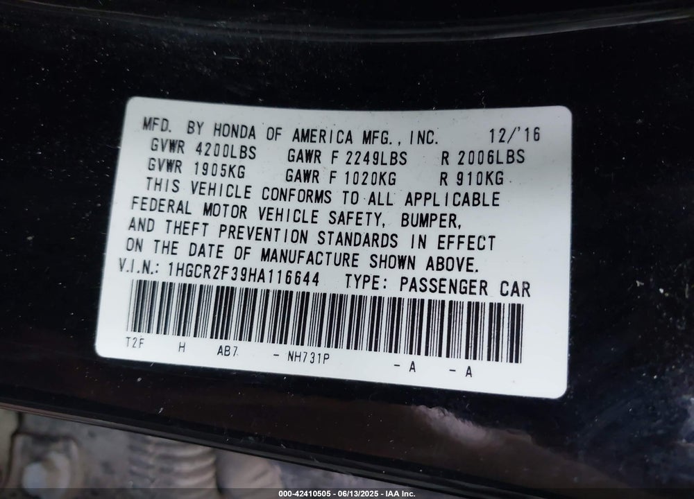 2017 HONDA ACCORD VIN: 1HGCR2F39HA116644