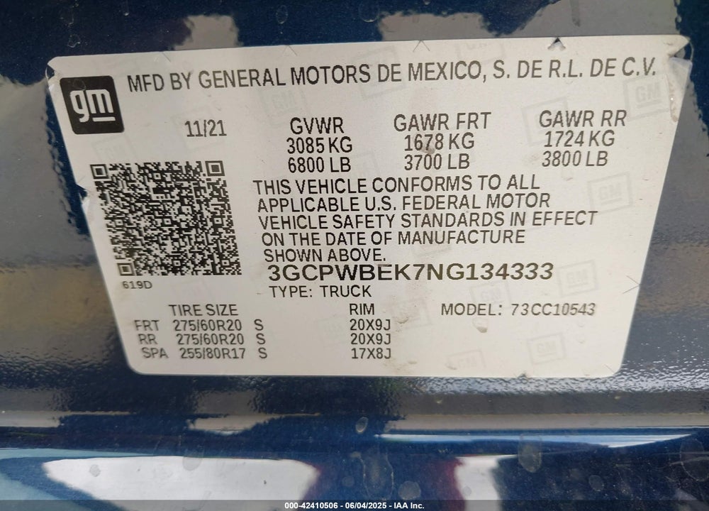 2022 CHEVROLET SILVERADO 1500 LTD VIN: 3GCPWBEK7NG134333