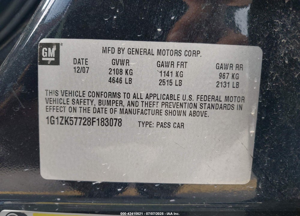 2008 CHEVROLET MALIBU LTZ VIN: 1G1ZK57728F183078
