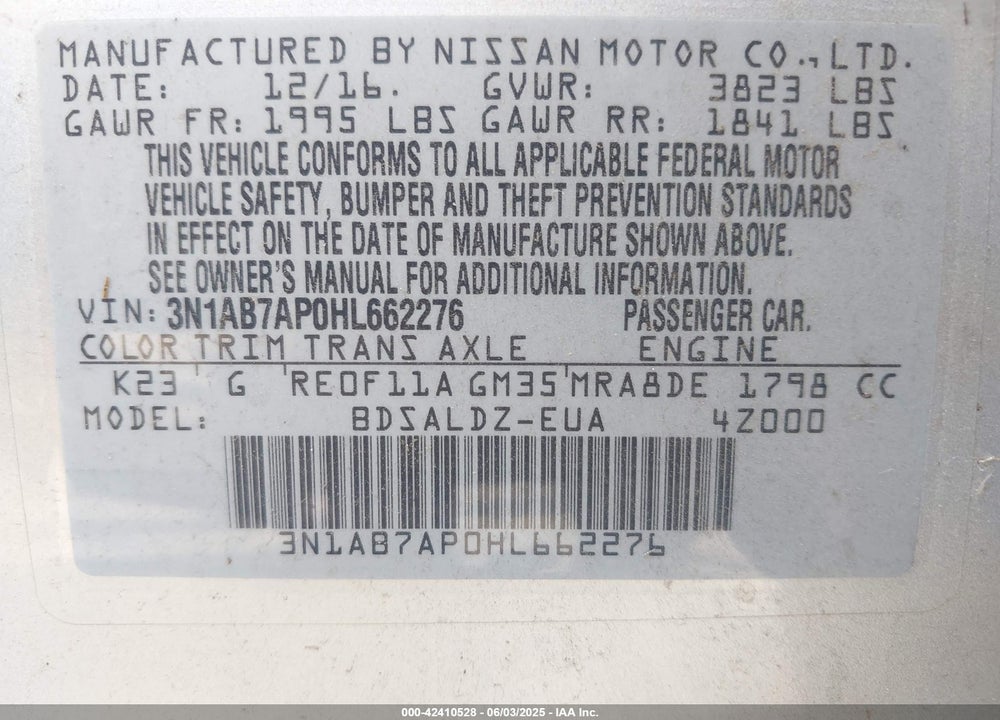 2017 NISSAN SENTRA VIN: 3N1AB7AP0HL662276