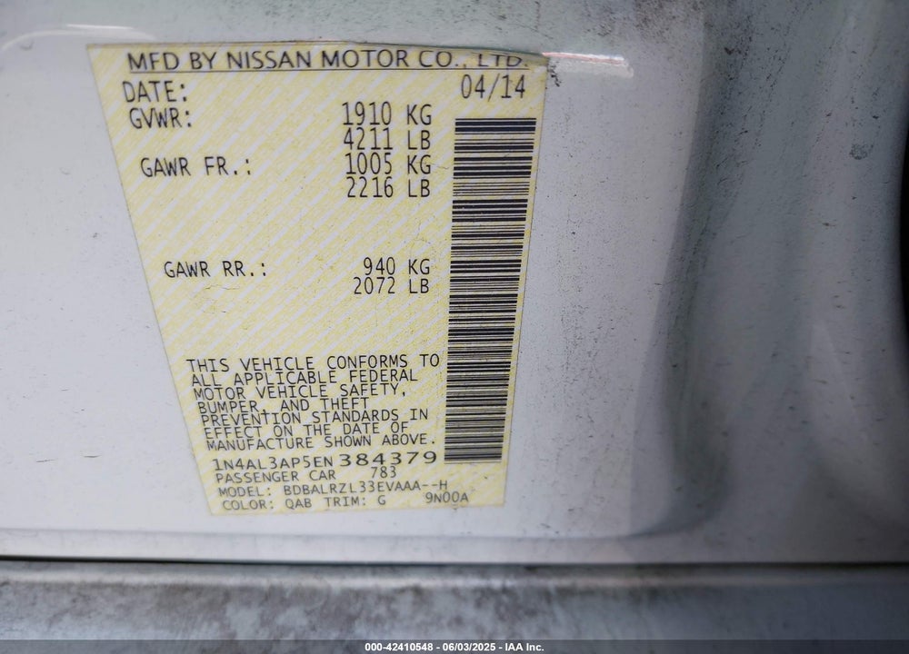 2014 NISSAN ALTIMA VIN: 1N4AL3AP5EN384379